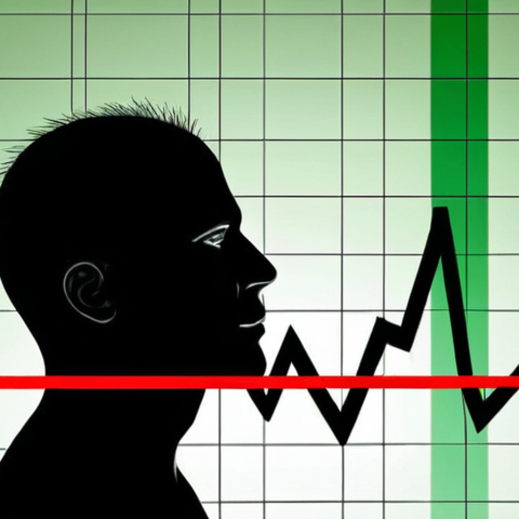 An abstract, emotive illustration symbolizing loss aversion in financial markets. A human figure, possibly a silhouette, stands in turmoil before a sharply descending red line graph, representing significant financial loss. This downward trend is visually accentuated with jagged, painful spikes and dark, heavy colors, contrasting with a smaller, softer upward green line graph representing a gain. Subtle, almost imperceptible neural pathways or brain contours are integrated into the background, highlighting the psychological and biological roots of the emotion. The overall mood is tense and reflective, emphasizing the disproportionate impact of loss.